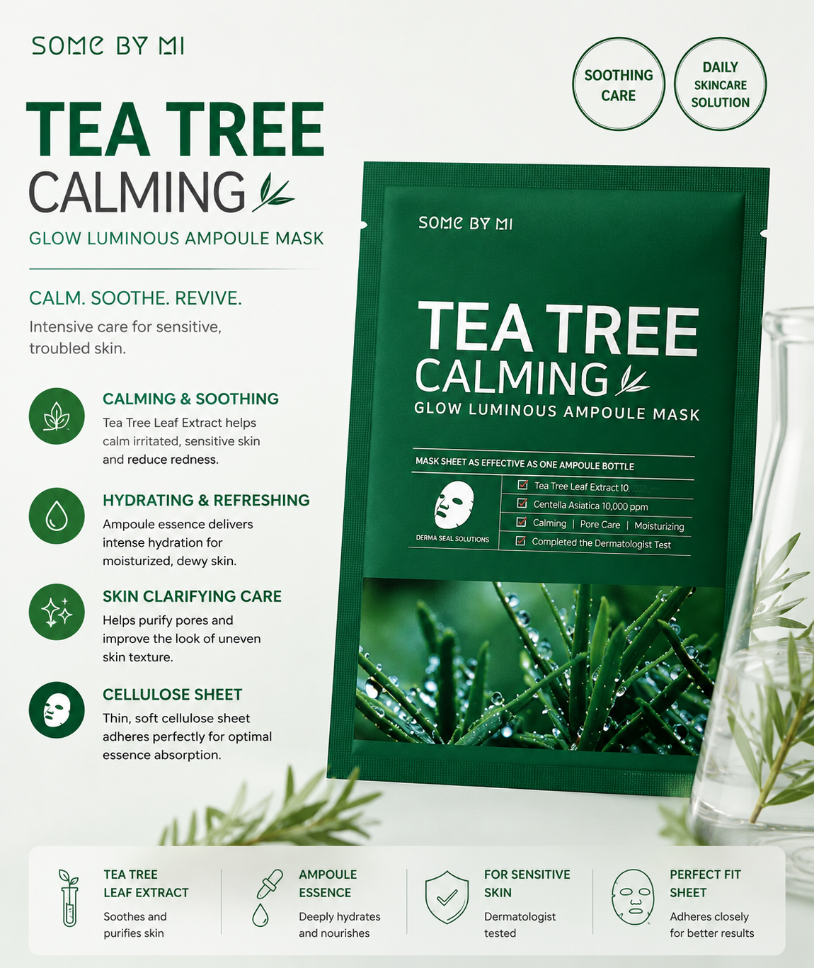 SOME BY MI Tea Tree Calming Glow Luminous Ampoule Mask – Soothing and Hydrating Sheet Mask